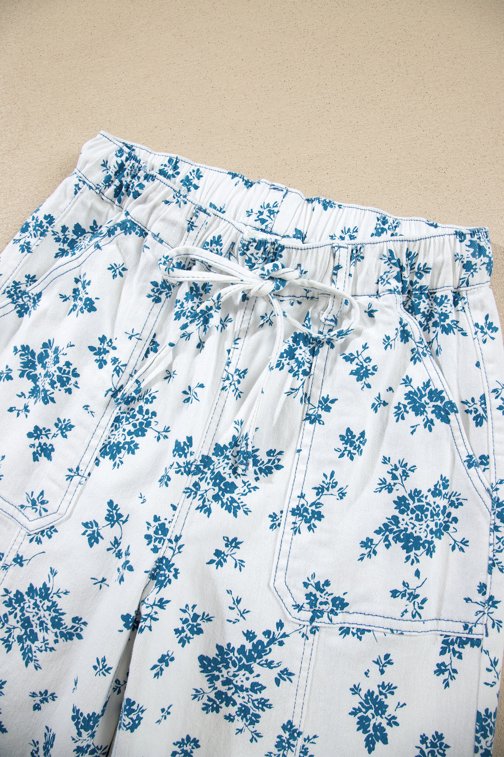 Sky Blue Floral Print Straight Leg Jeans