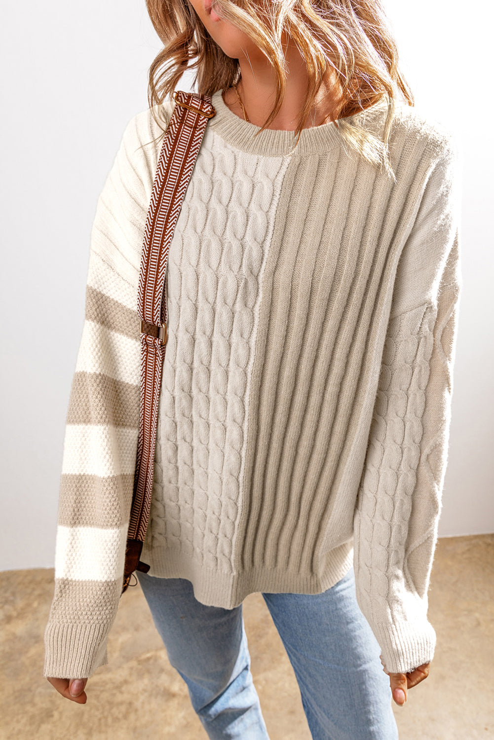 Khaki Cable Knit Colorblock Crew Neck Sweater