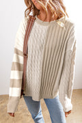 Khaki Cable Knit Colorblock Crew Neck Sweater
