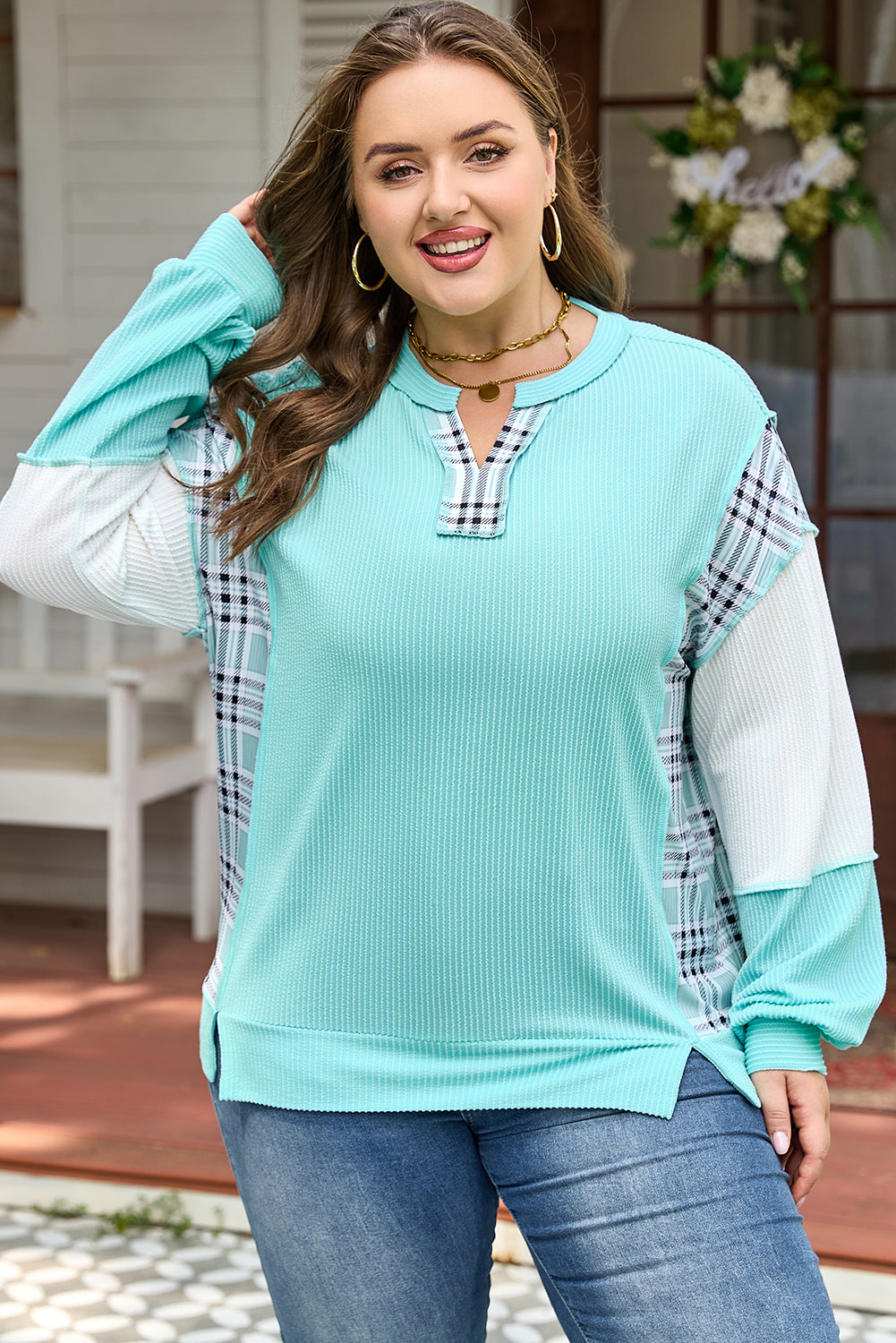 Aruba Blue Twist Ribbed Plus Size Long Sleeve Top