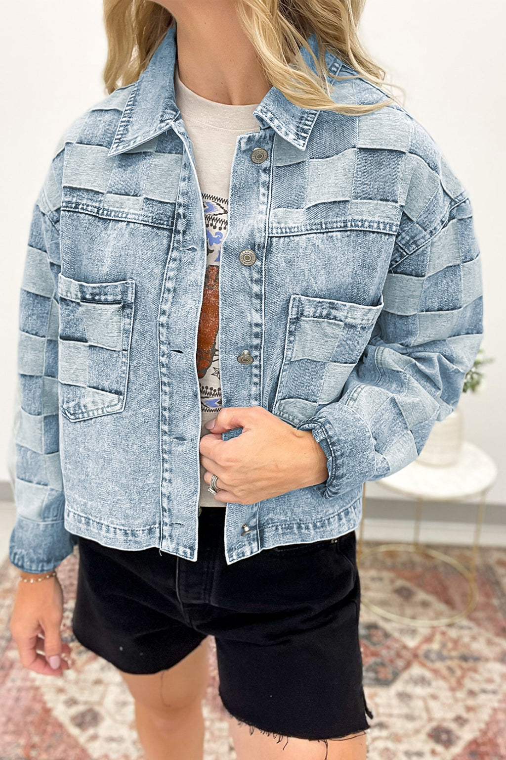 Beau Blue Denim Checkered Pattern Casual Jacket