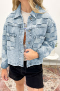 Beau Blue Denim Checkered Pattern Casual Jacket