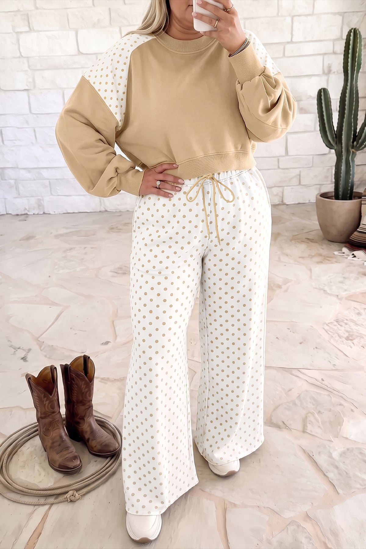 Khaki Plus Size Drawstring Pants Set