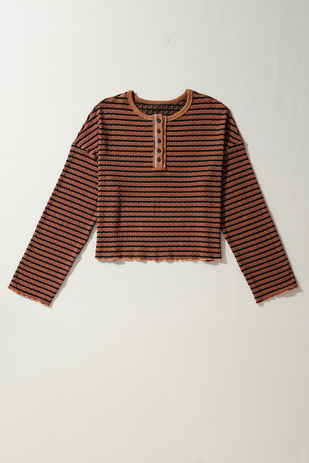 Brown Stripe Textured Long Sleeve Top