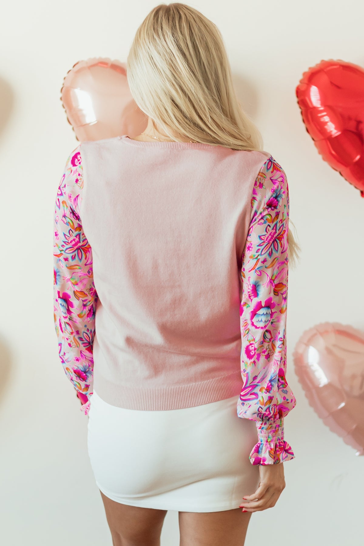 Oatmeal Floral Printed Patchwork Knit Top