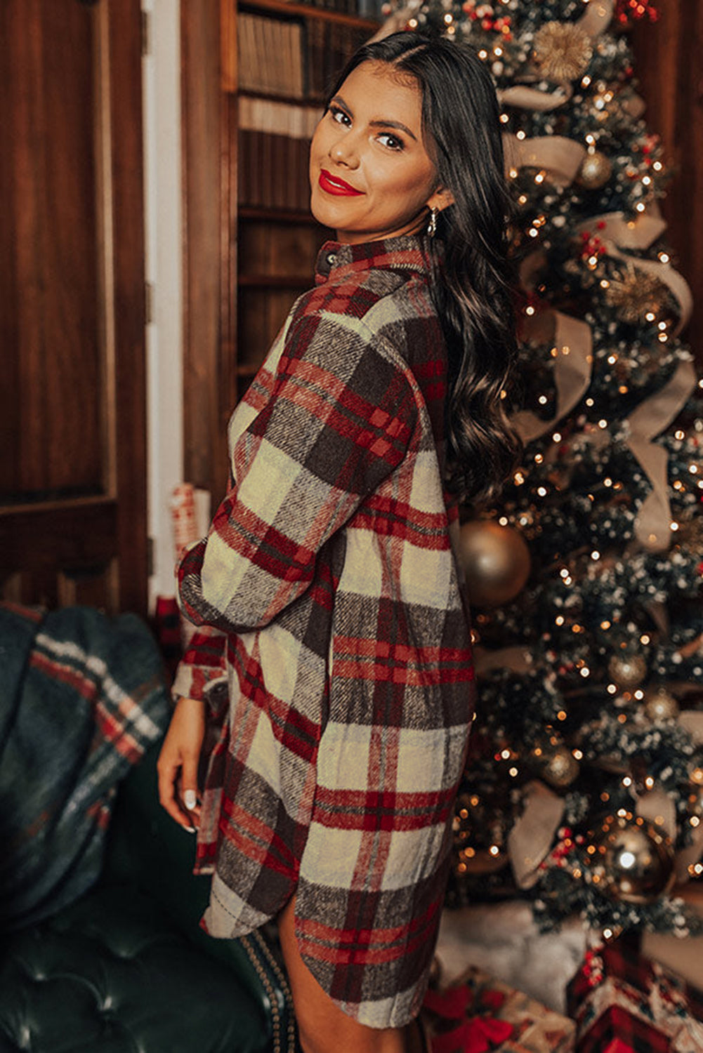 Red Brushed Plaid Buttoned Front Side Slit Tunic Shacket