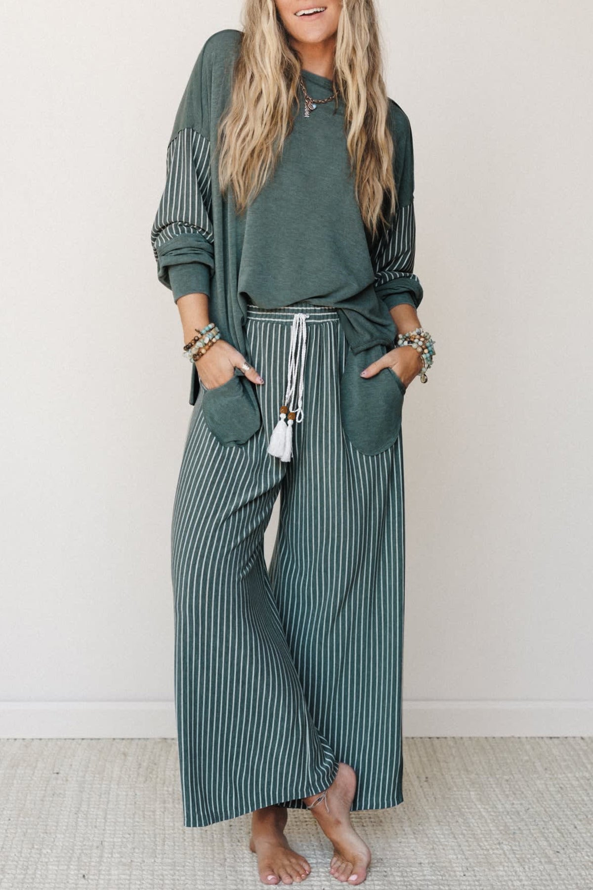 Fushia Raw Seam Long Sleeve Top Pocket Pants Set