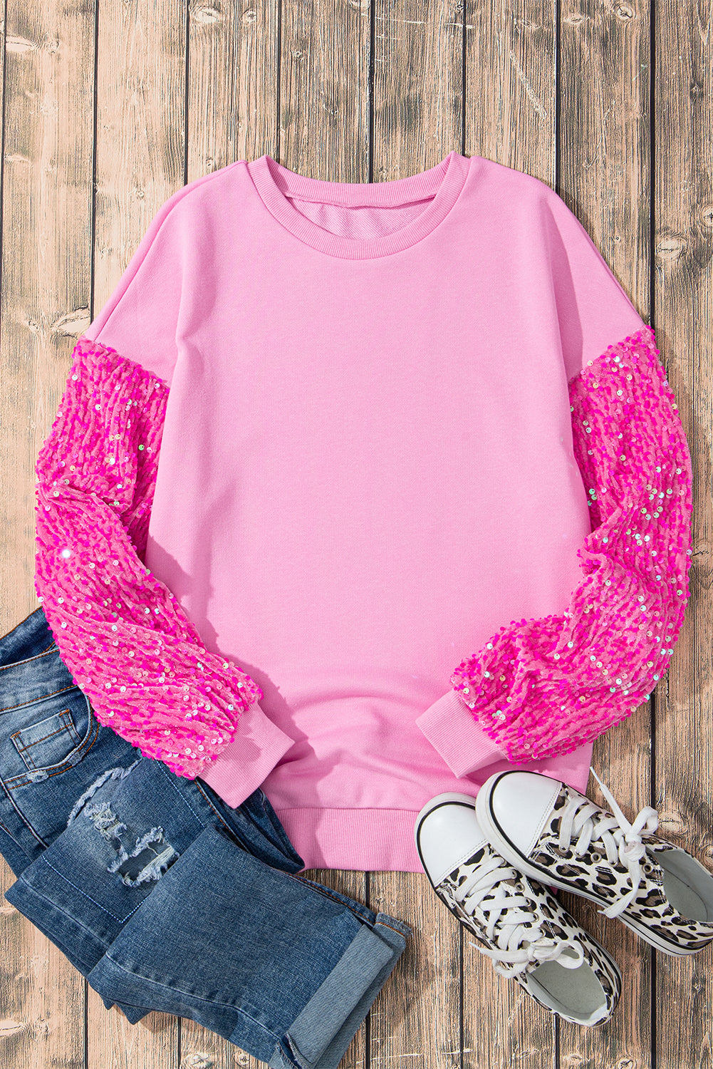 Pink Sequin Long Sleeve Pullover Top