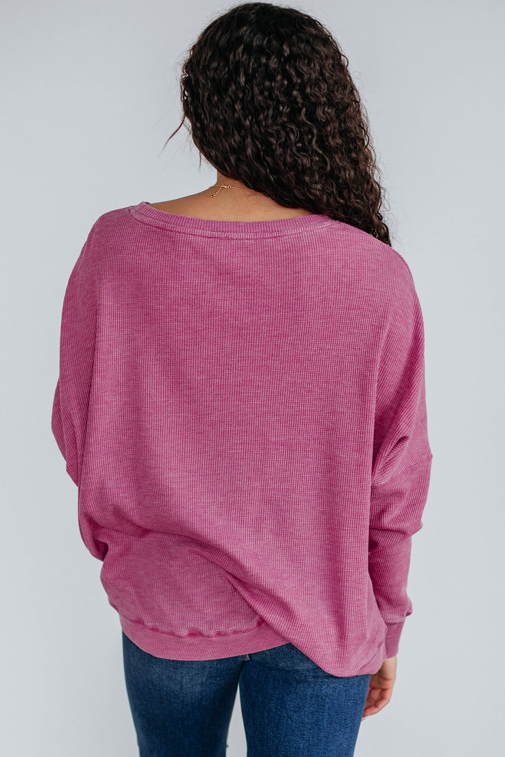 Bright Pink Waffle Knit Patchwork Long Sleeve Loose Top