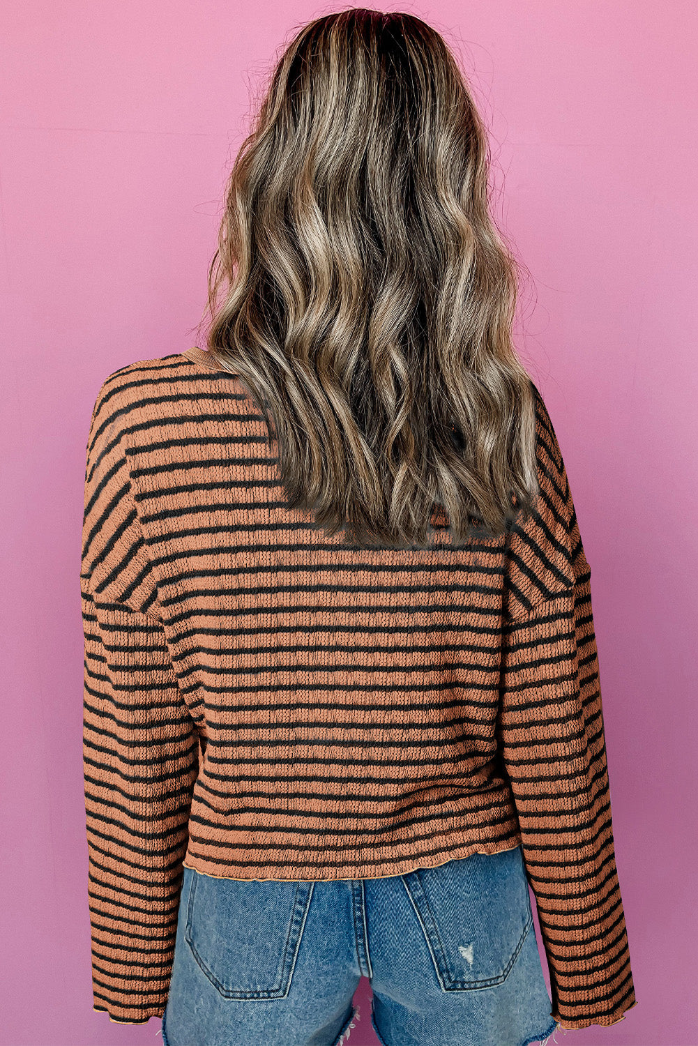 Brown Stripe Textured Long Sleeve Top