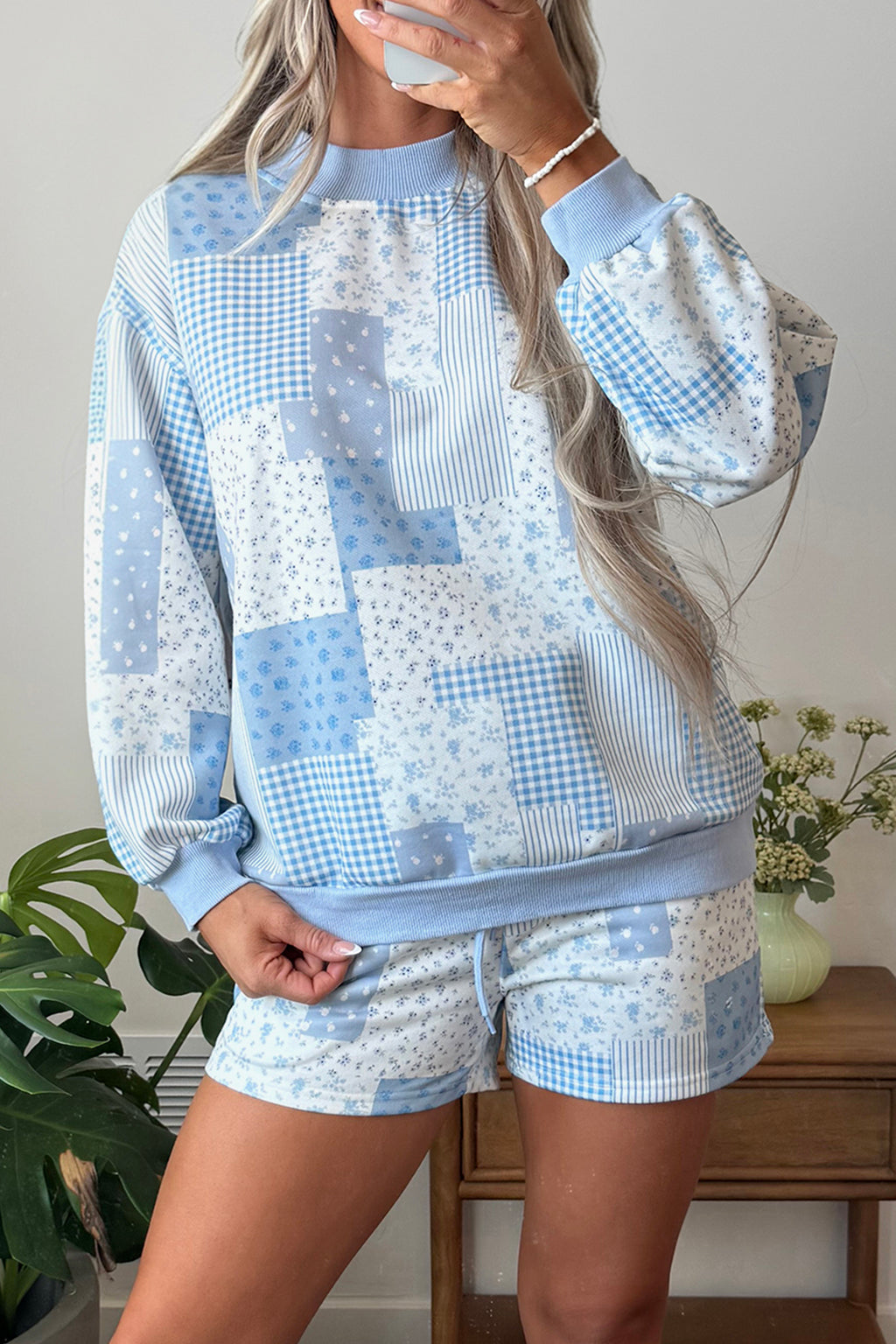 Sky Blue Floral Print Shorts Set