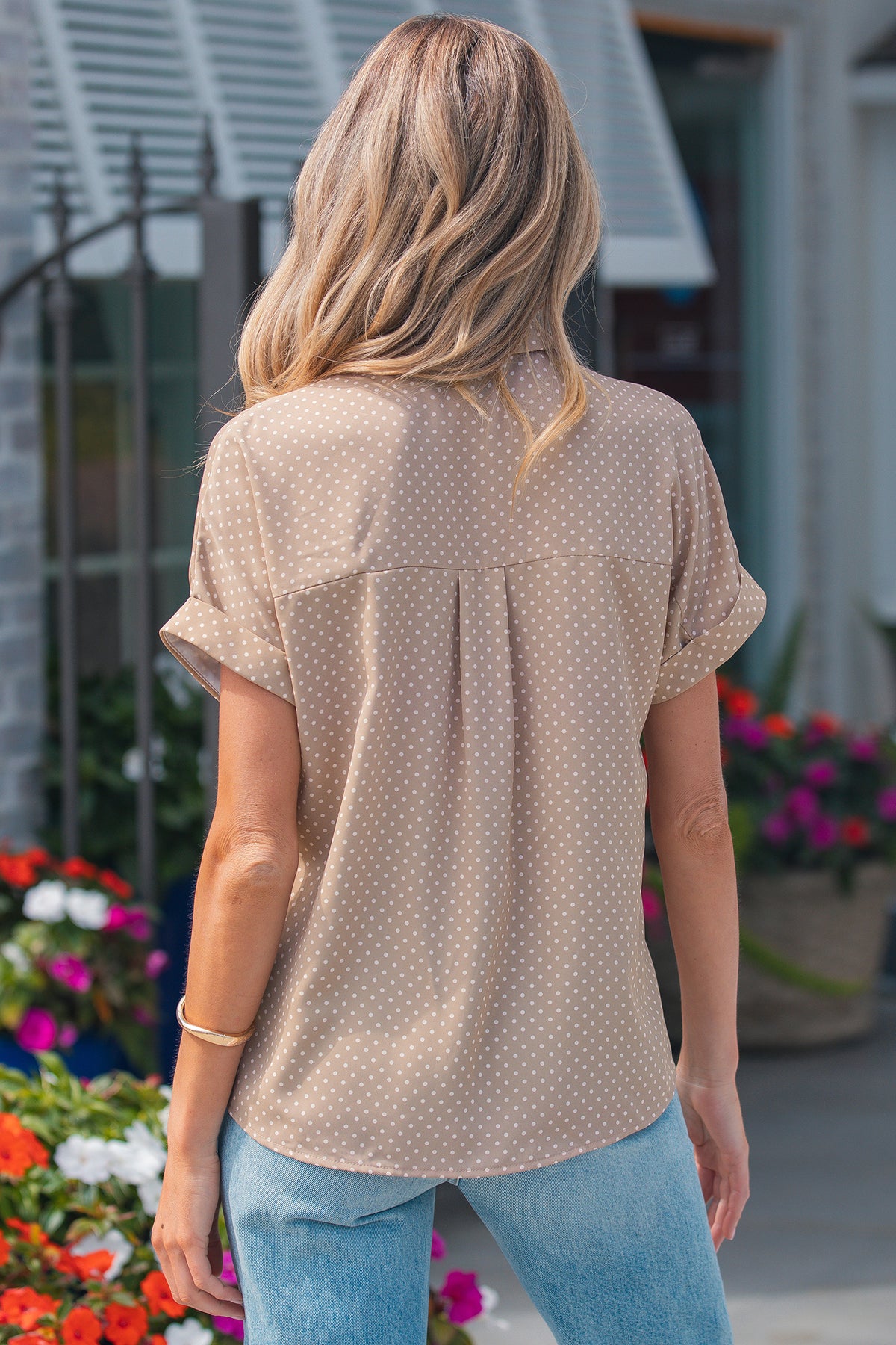 Pink Dotted Print Cuffed Short Sleeve Shirt