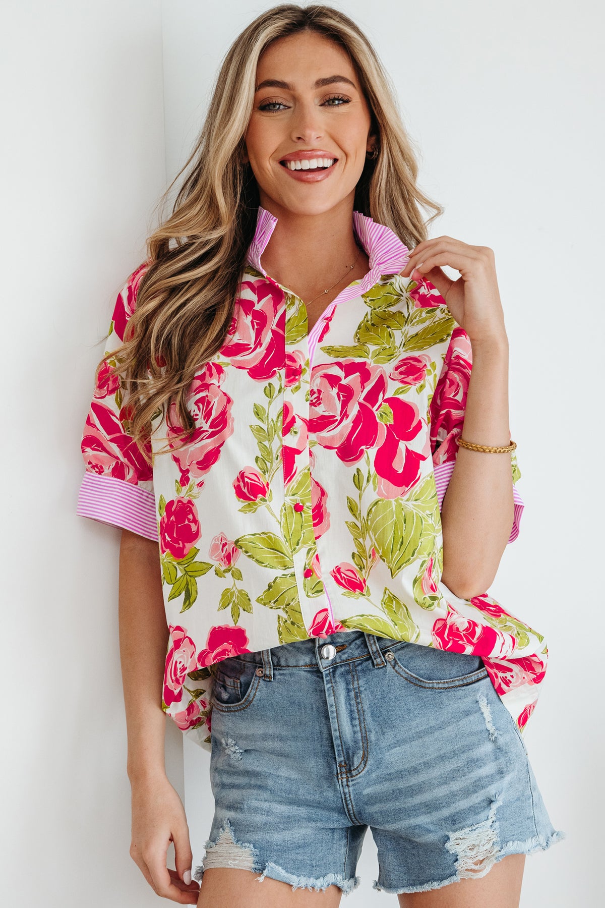 Pink Flower Print Striped Trim Frilled Collar Short Sleeve Shirt