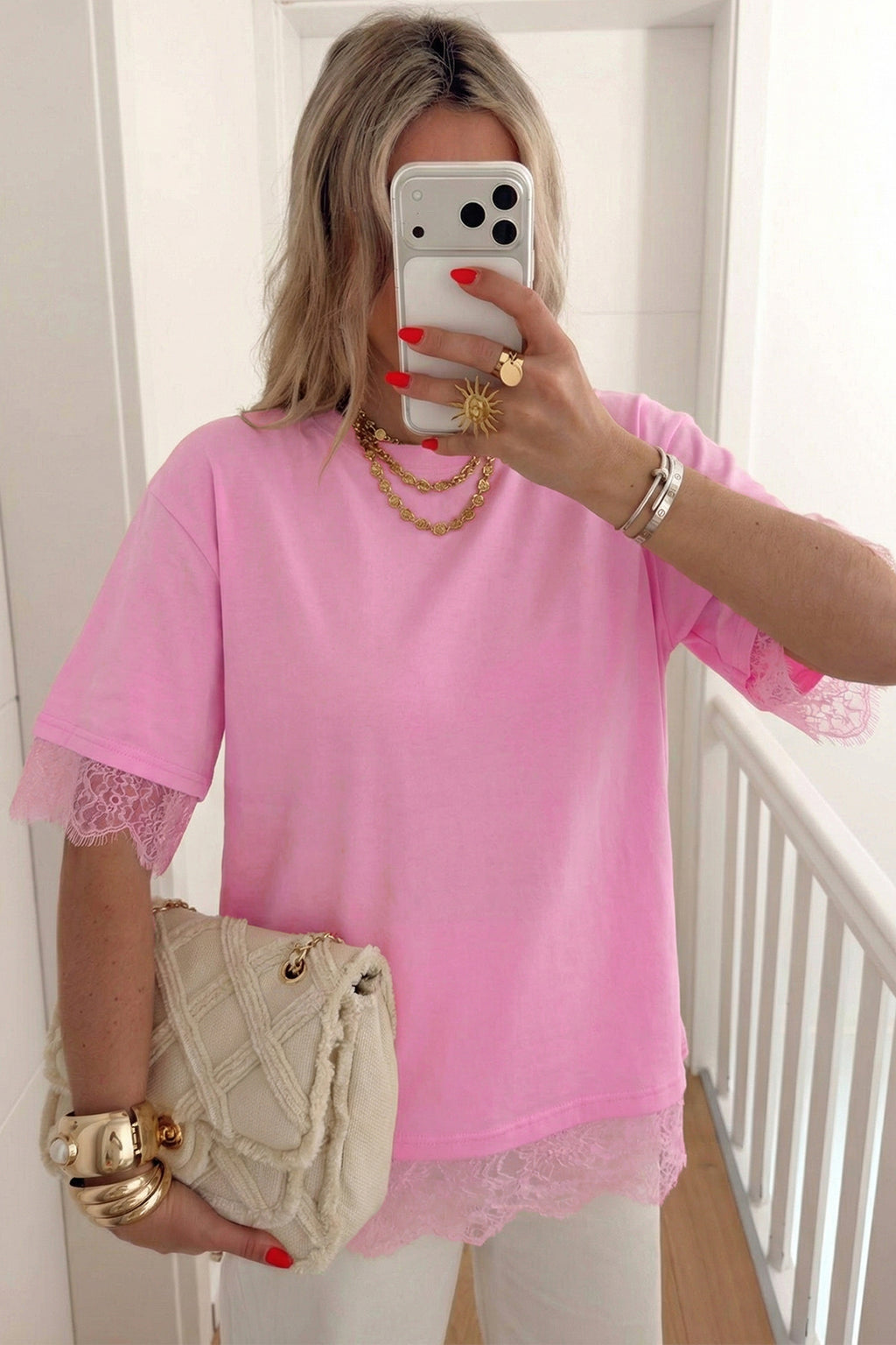Pink Eyelash Floral Lace Patchwork Half Sleeve Oversize Tee
