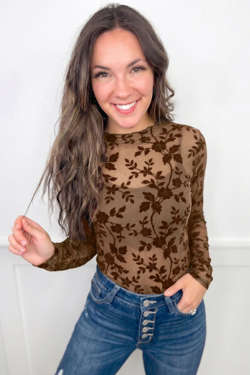 Apricot Floral Mesh Long Sleeve Top