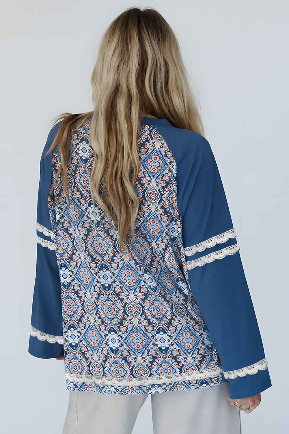 Blue Geometric Printed Lace Long Sleeve Top