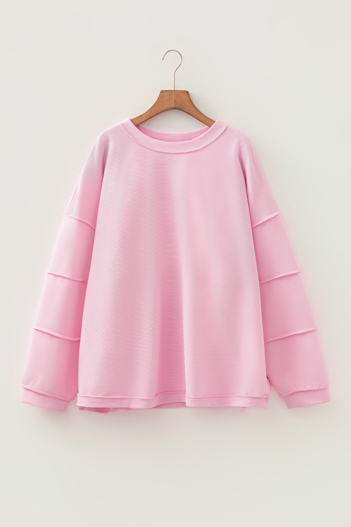 Pink Drop Shoulder Long Sleeve Plus Size Ribbed Top