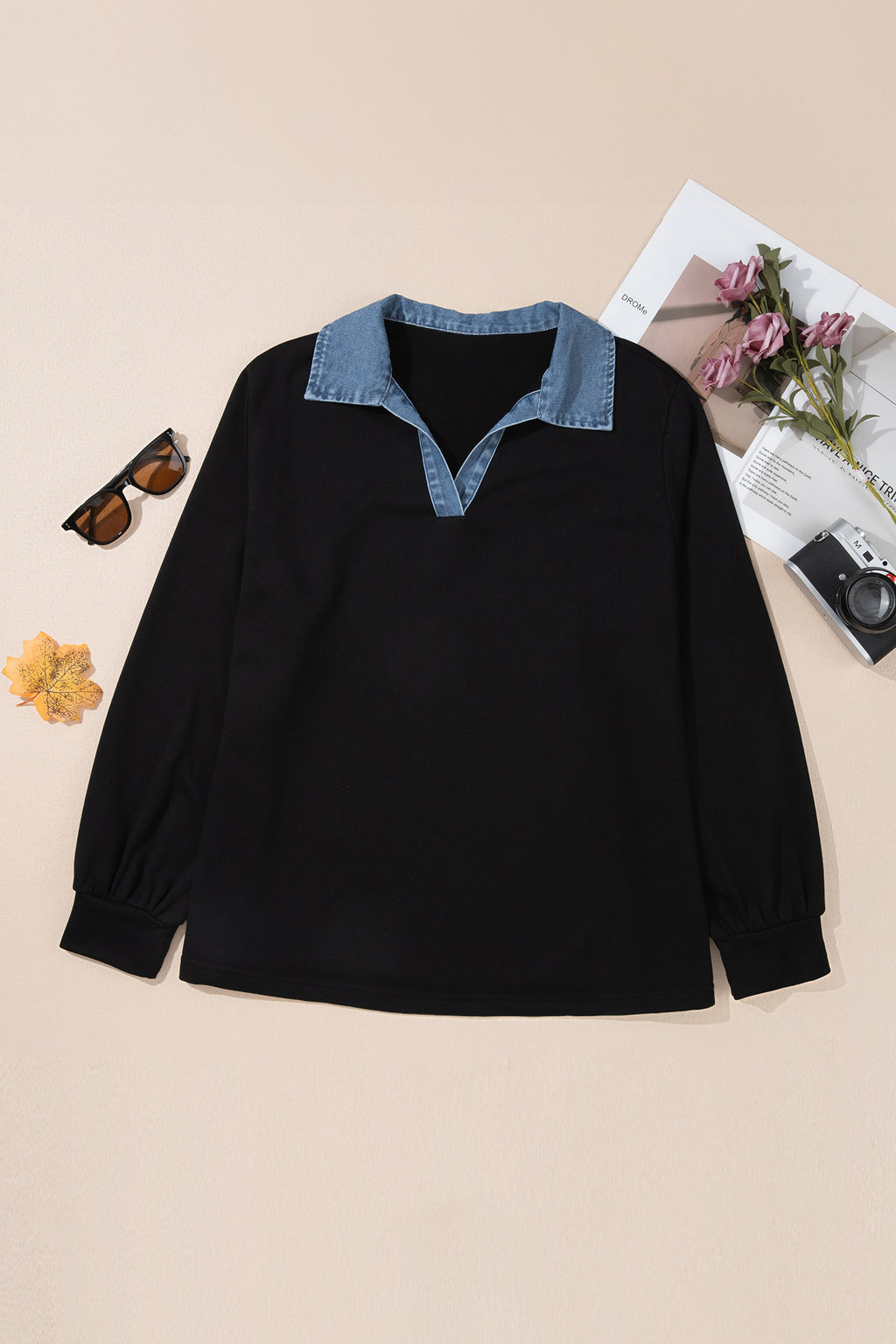 Black Plus Size V-Neck Blouse