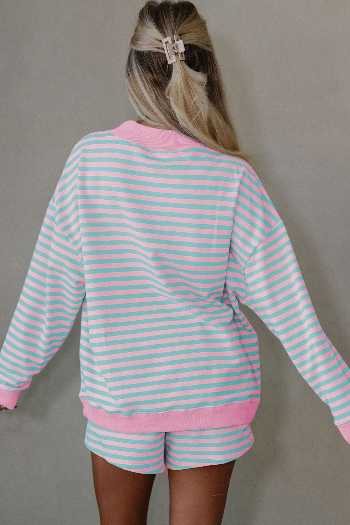 Pink Stripe Color Block Shorts 2pcs Set