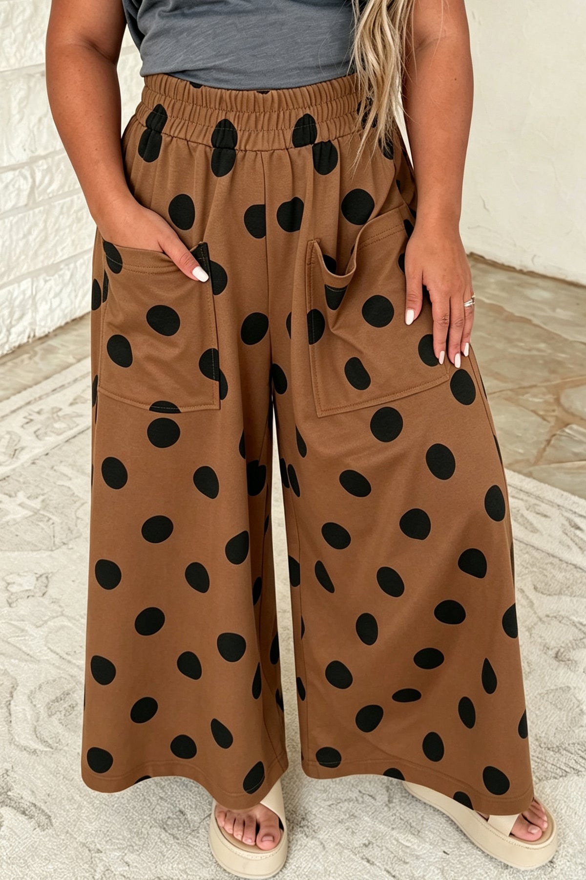 Brown Polka Dot Wide Leg Plus Size Pants
