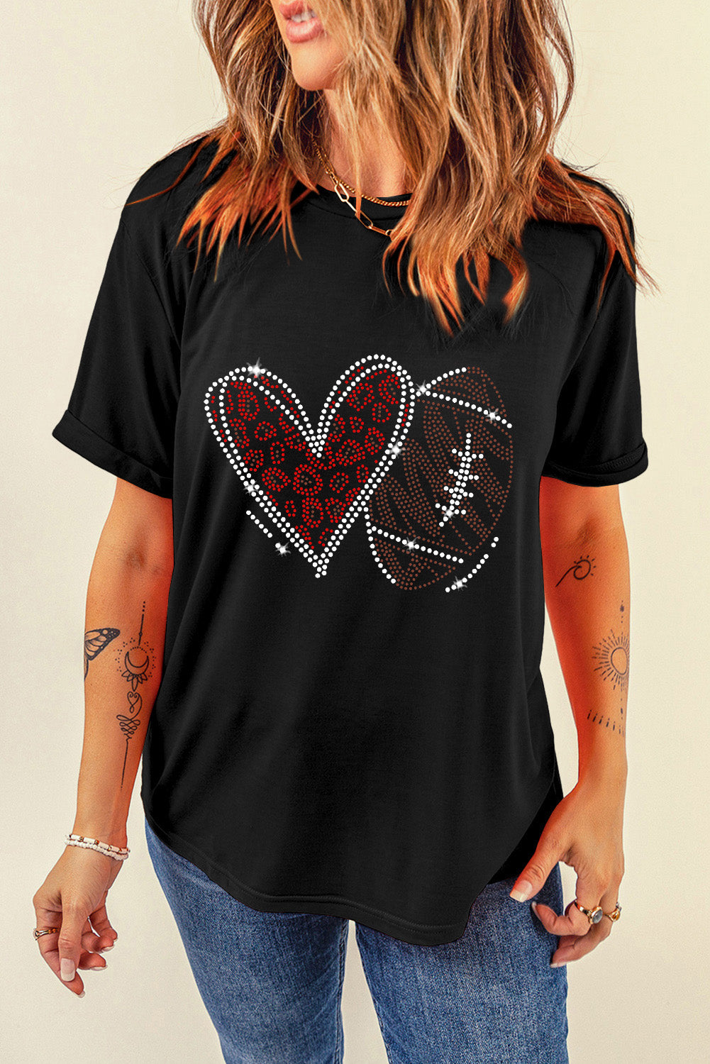 Black Rhinestone Football Heart Tee