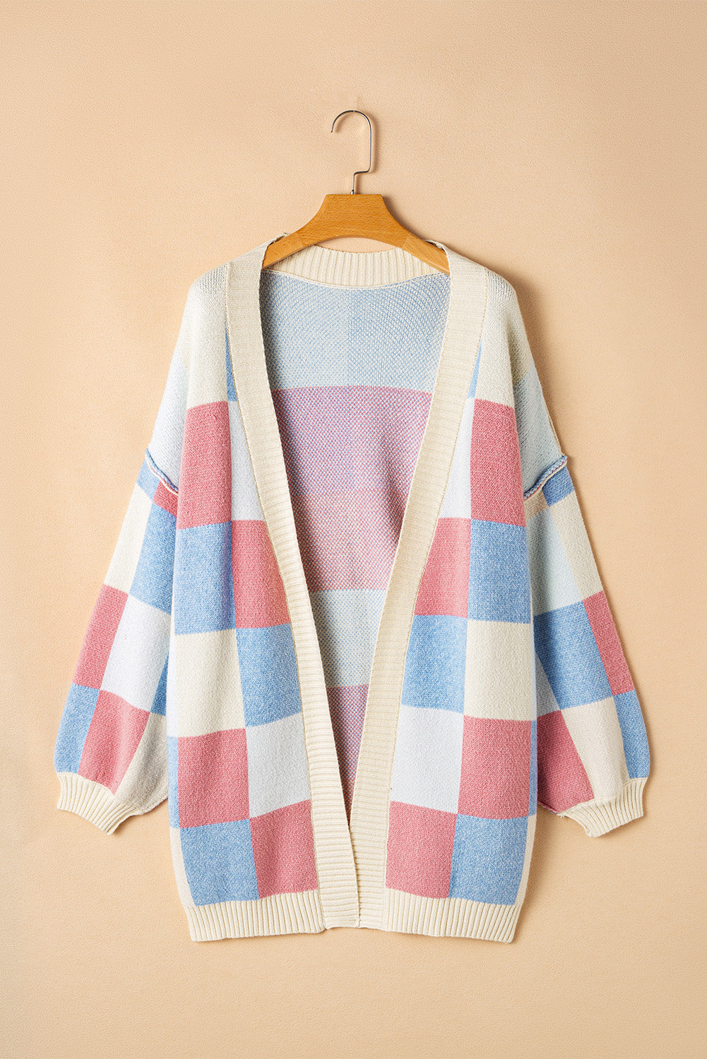 Light Blue Checkered Drop Shoulder Cardigan