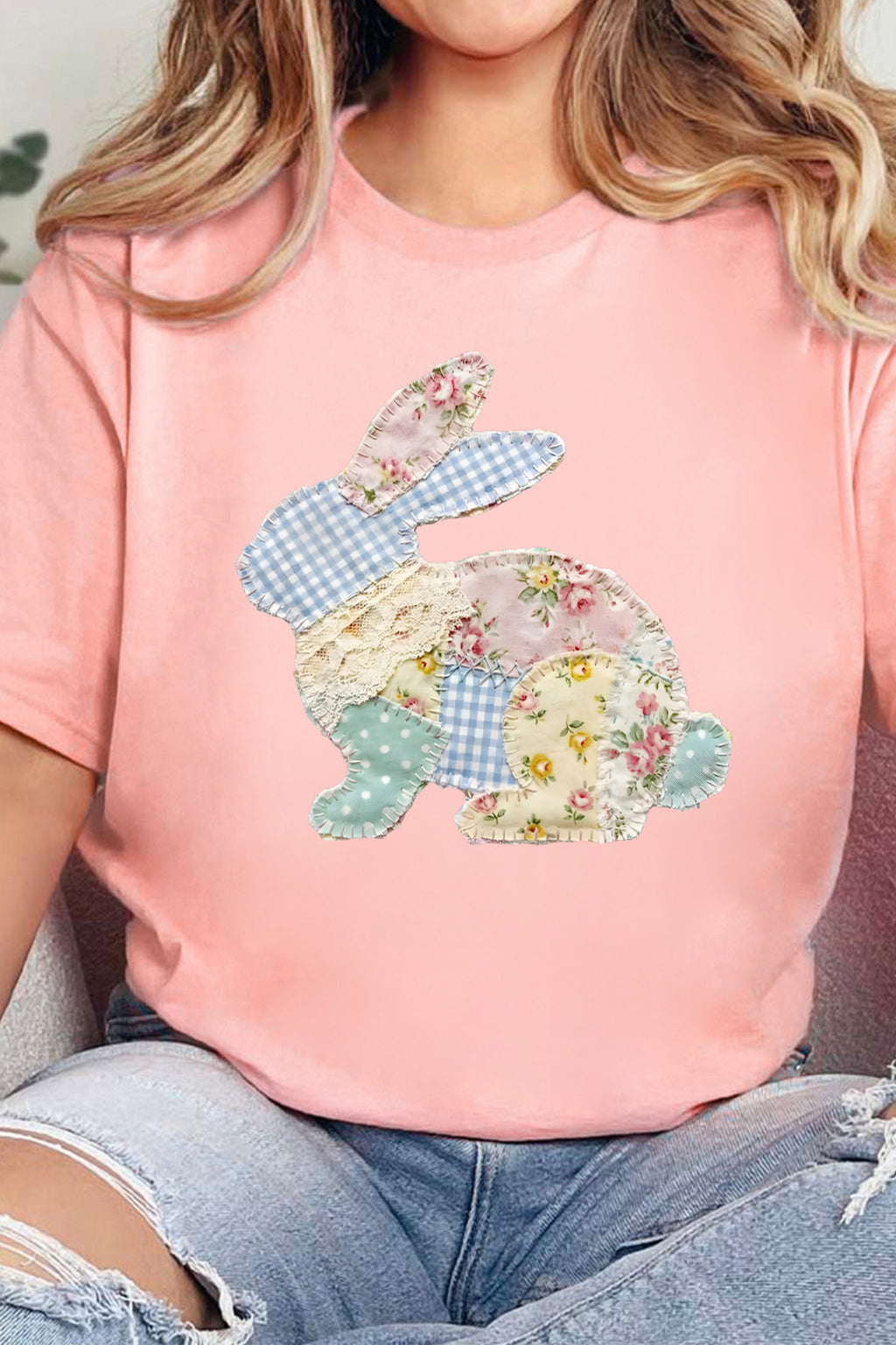 Pink Vibrant Easter Bunny Patchwork Printed T Shirt