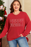 Fiery Red Twist Ribbed MERRY Letter Graphic Plus Size Pullover