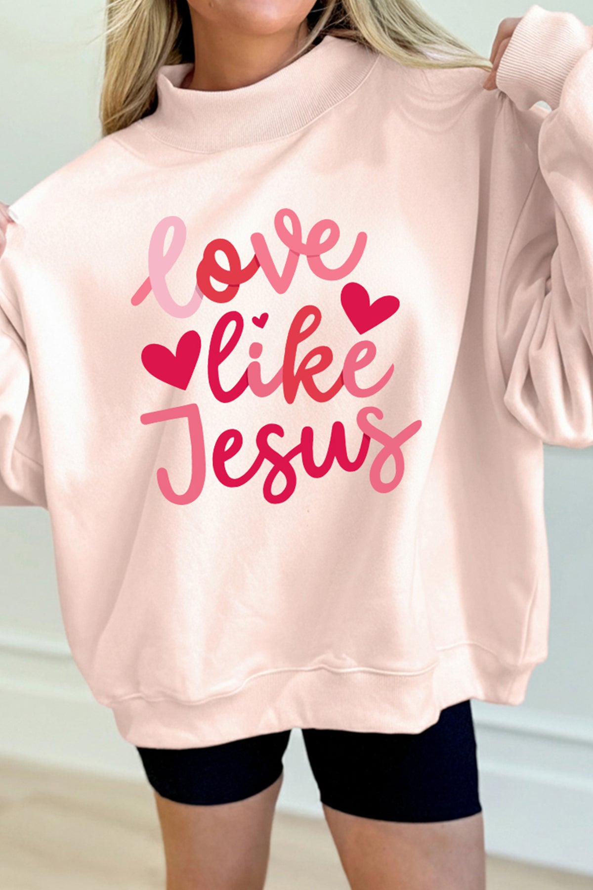 Light Pink love like Jesus Valentines Day Mock Neck Sweatshirt