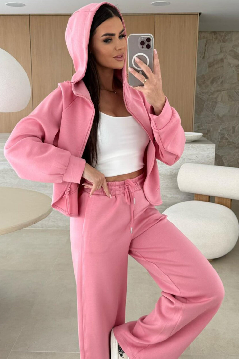 Pink Solid Color Zip Up Hoodie Drawstring Loose Pants Set