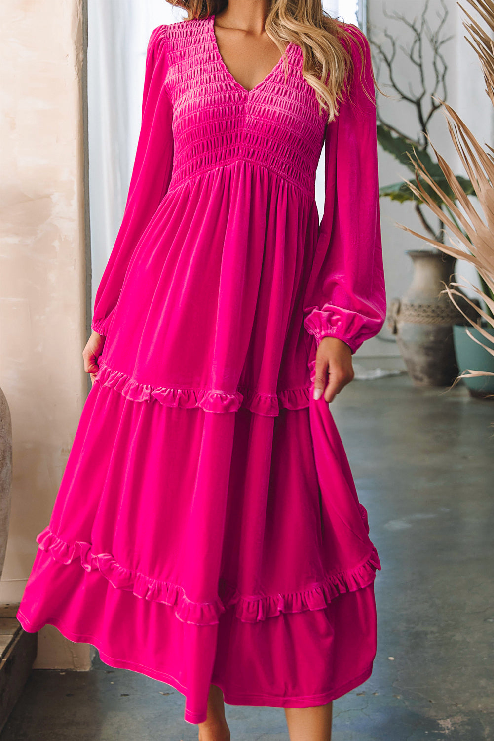 Rose Red Shirred Velvet Dress