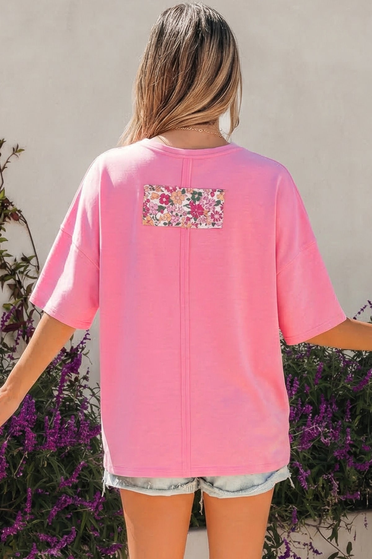 Bright Pink Floral Patched Raw Seam Big Flower Oversize Tee