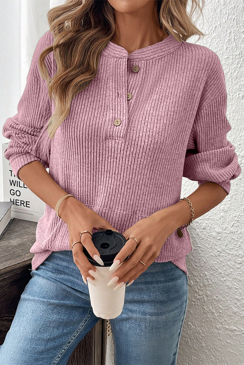 Pink Ribbed Texture Drop Shoulder Henley Knit Top