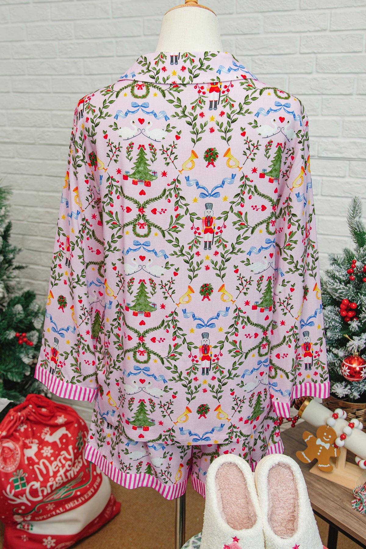 Pink Christmas Holiday Print Nutcracker Long Sleeve Shorts 2pcs Pajama Set