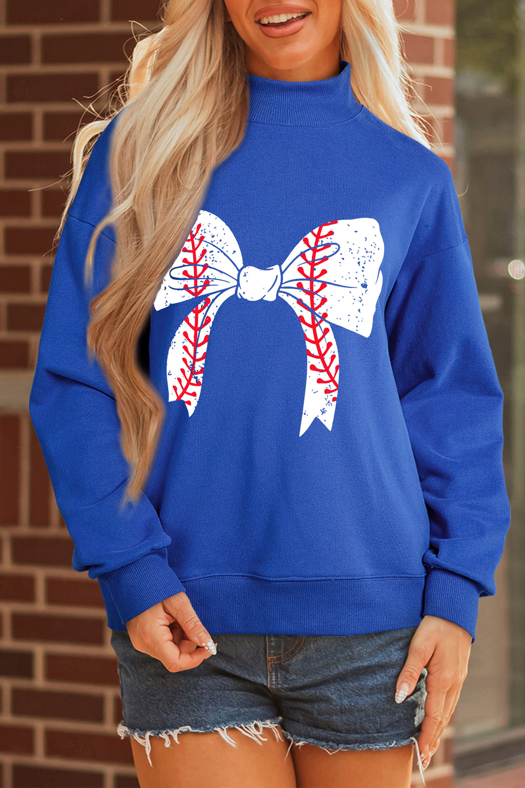 Dark Blue Baseball Large Bow Mock Neck Sweatshirt