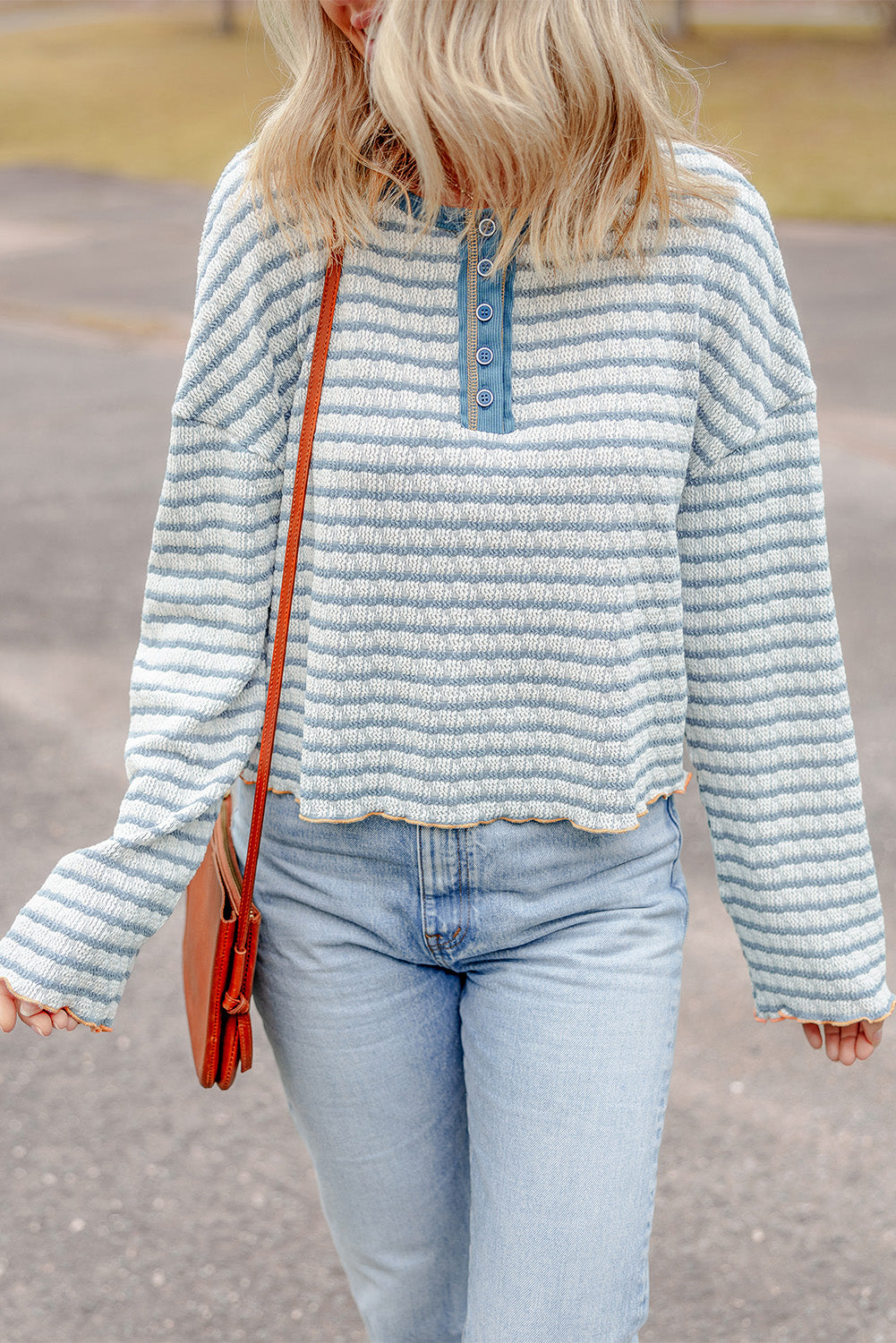 Brown Stripe Textured Long Sleeve Top