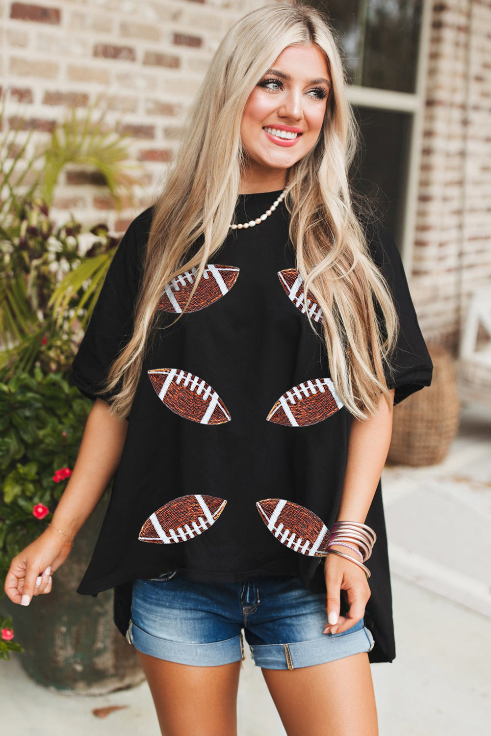 Black Sequin Football Tee