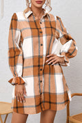 Khaki Plaid Pattern Shirt Dress