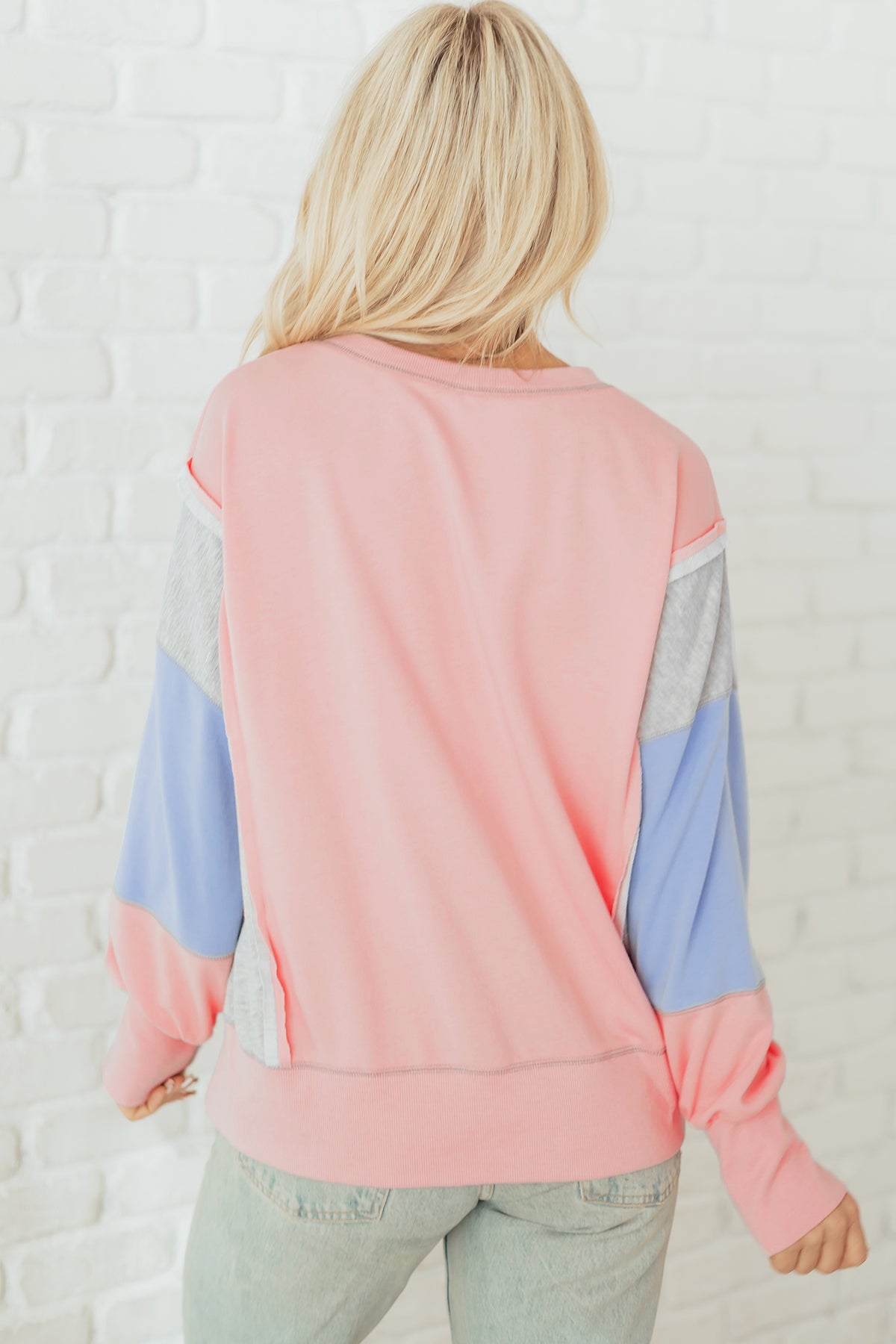 Apricot Pink Exposed Seam Color Block Oversize Sweatshirt