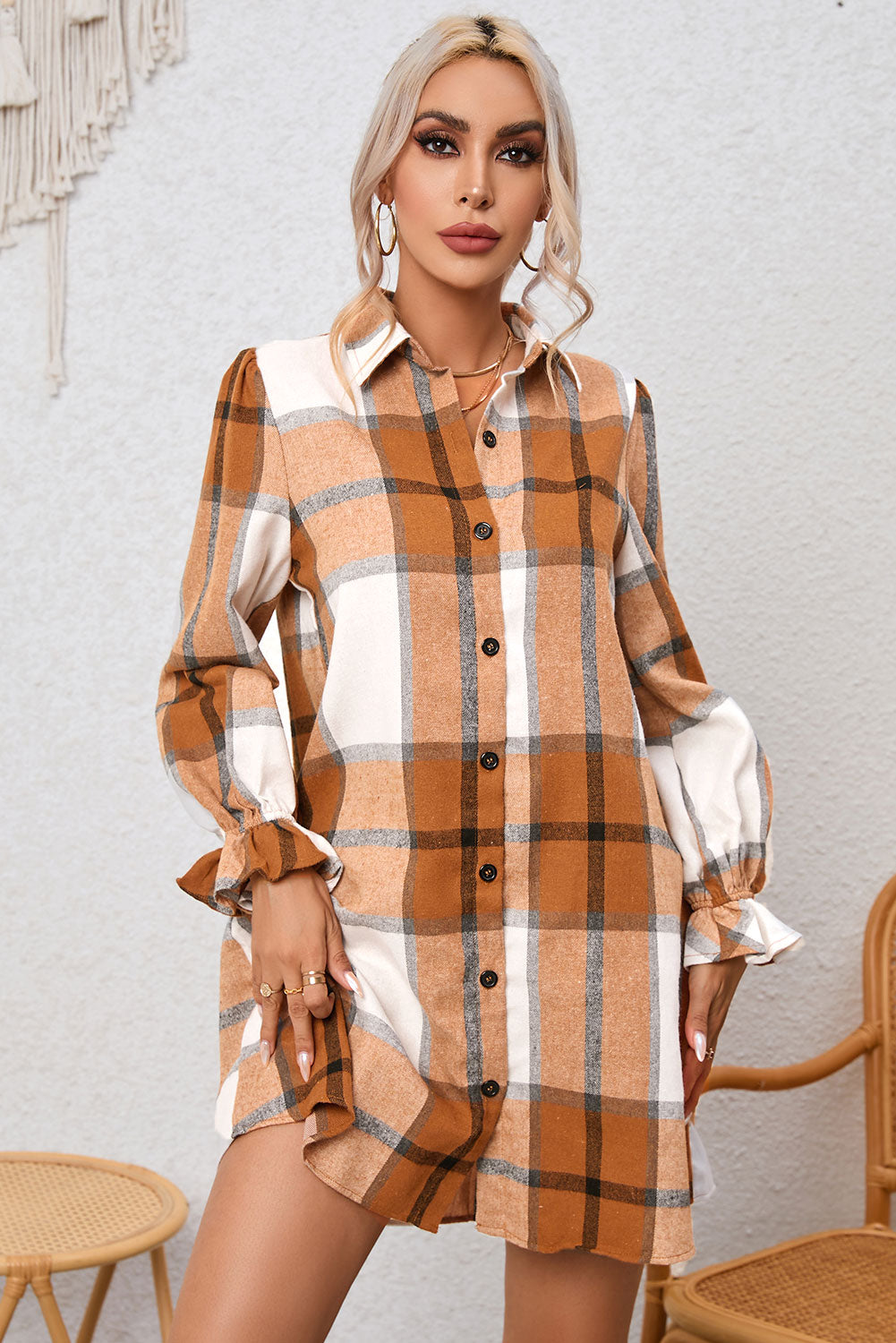 Khaki Plaid Pattern Shirt Dress