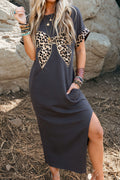 Dark Grey Leopard Bow T Shirt Long Dress