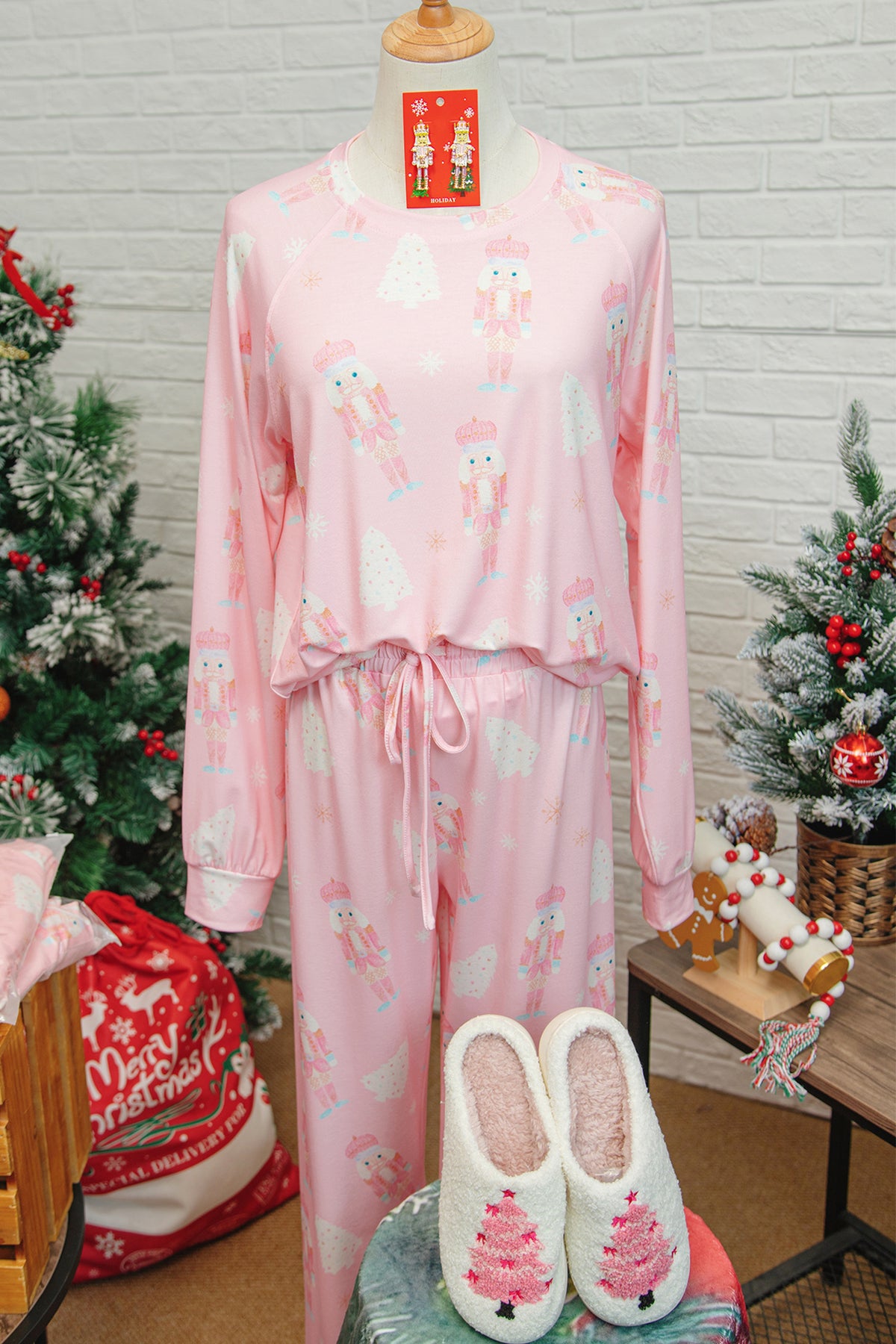 Pink Christmas Tree Nutcracker Print 2pcs Lounge Pant Set