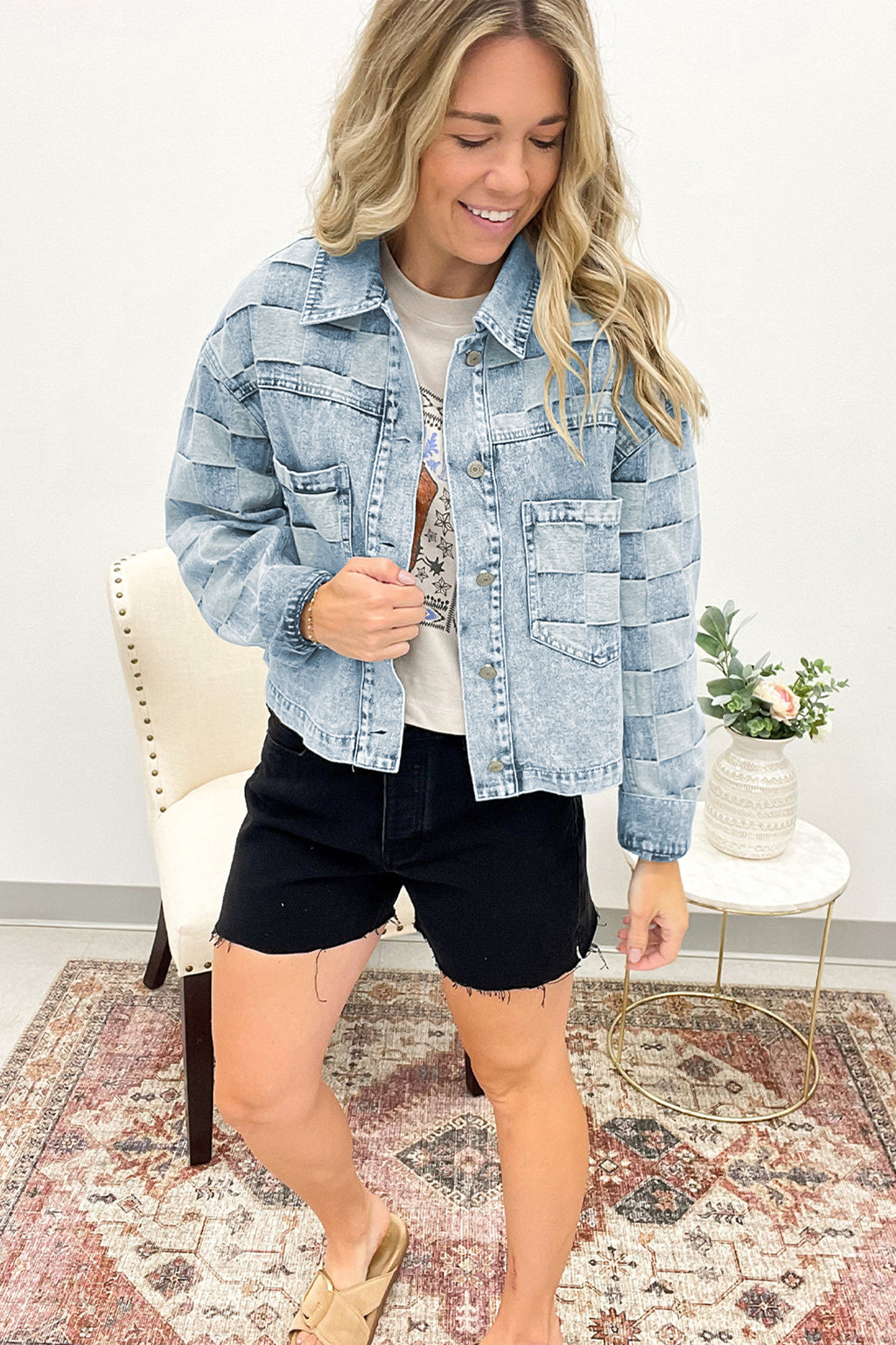 Beau Blue Denim Checkered Pattern Casual Jacket