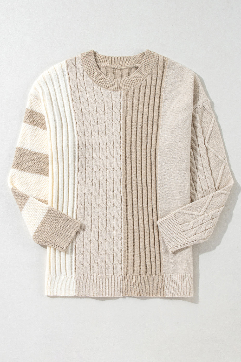 Khaki Cable Knit Colorblock Crew Neck Sweater