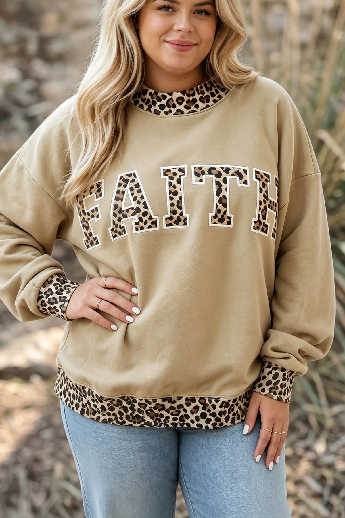 Coffee Plus Size Polka Dot Trim Sweatshirt