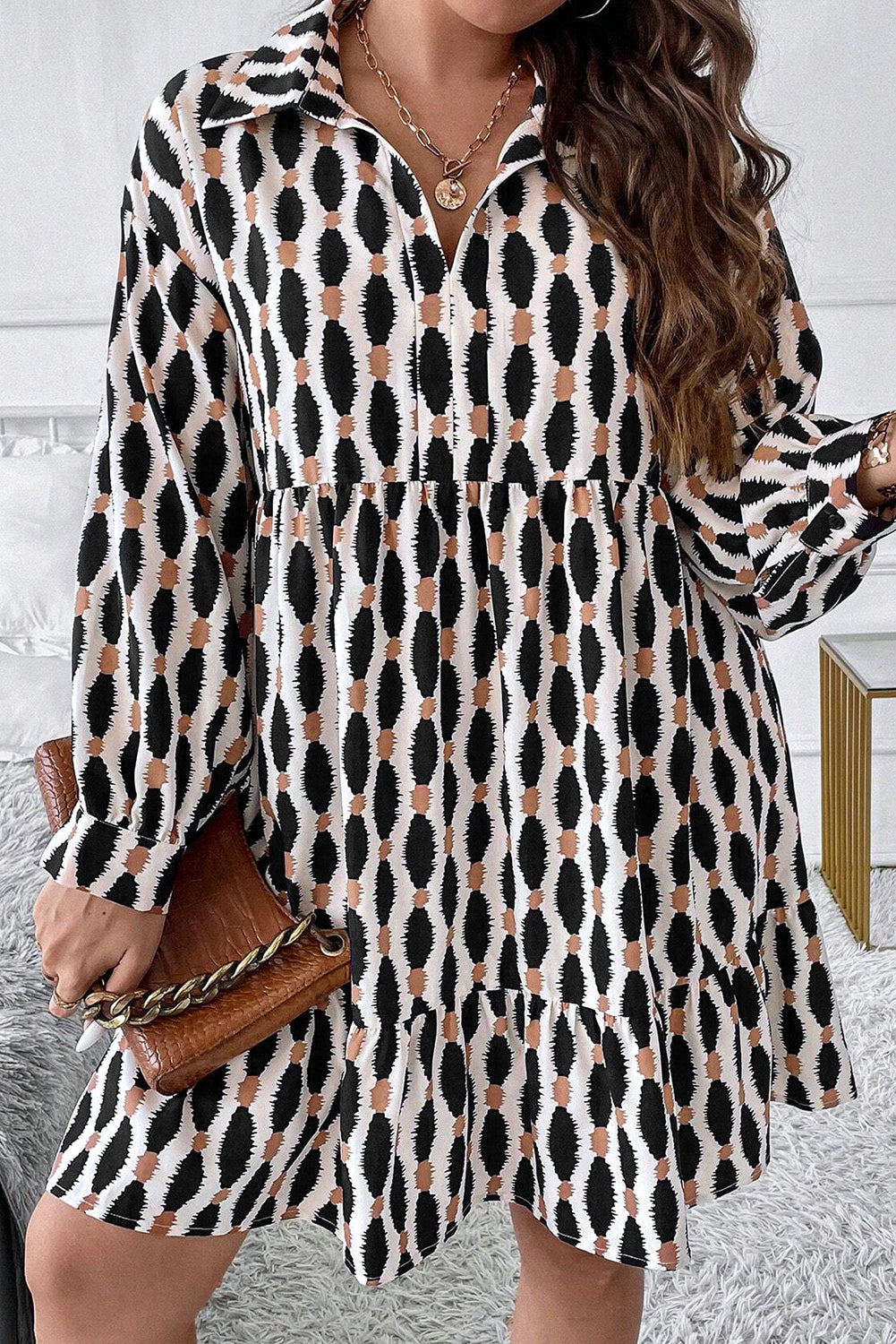 Apricot Geometric Print Plus Size Mini Dress