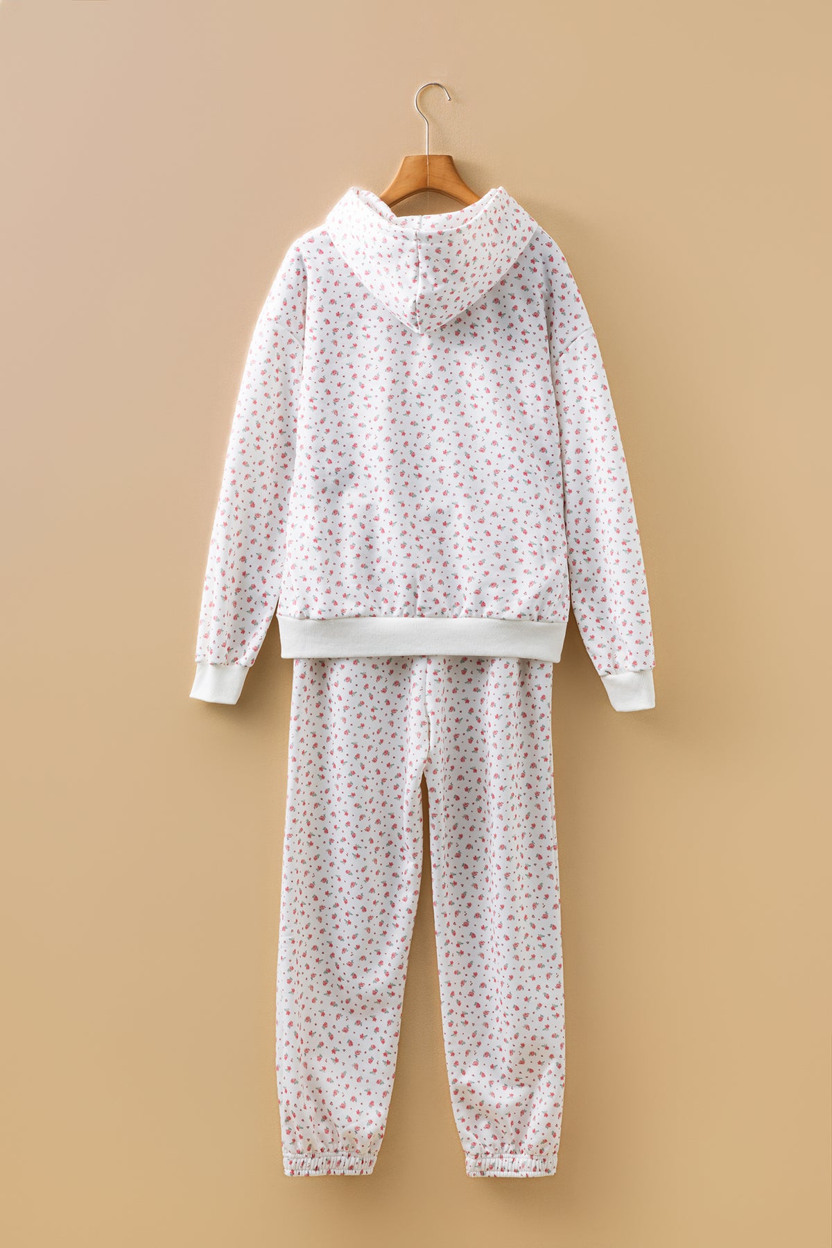Pink Floral Print Kangaroo Pocket Hoodie Sheath Sweatpants Set