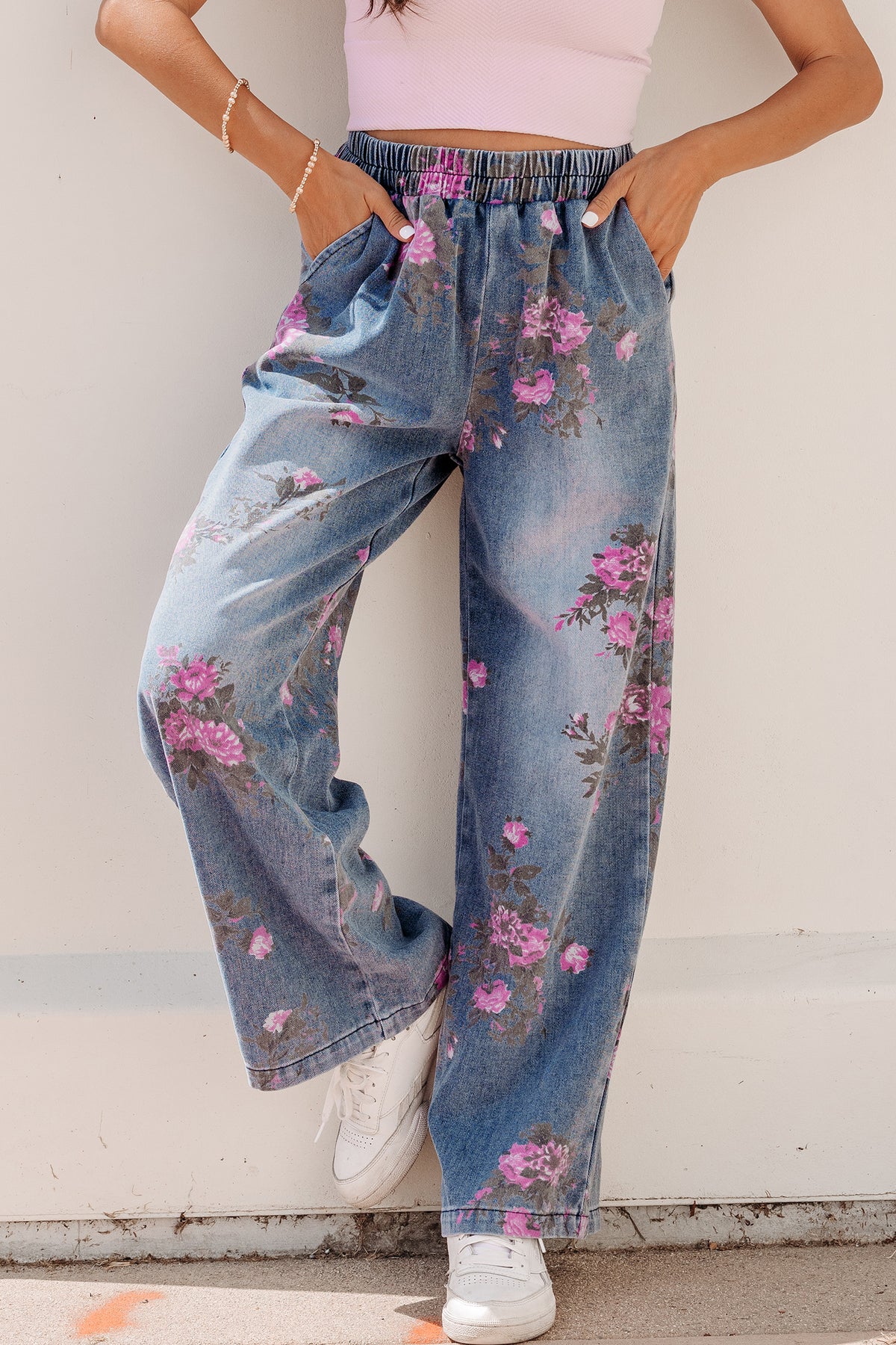 Beau Blue Floral Print Casual Jeans