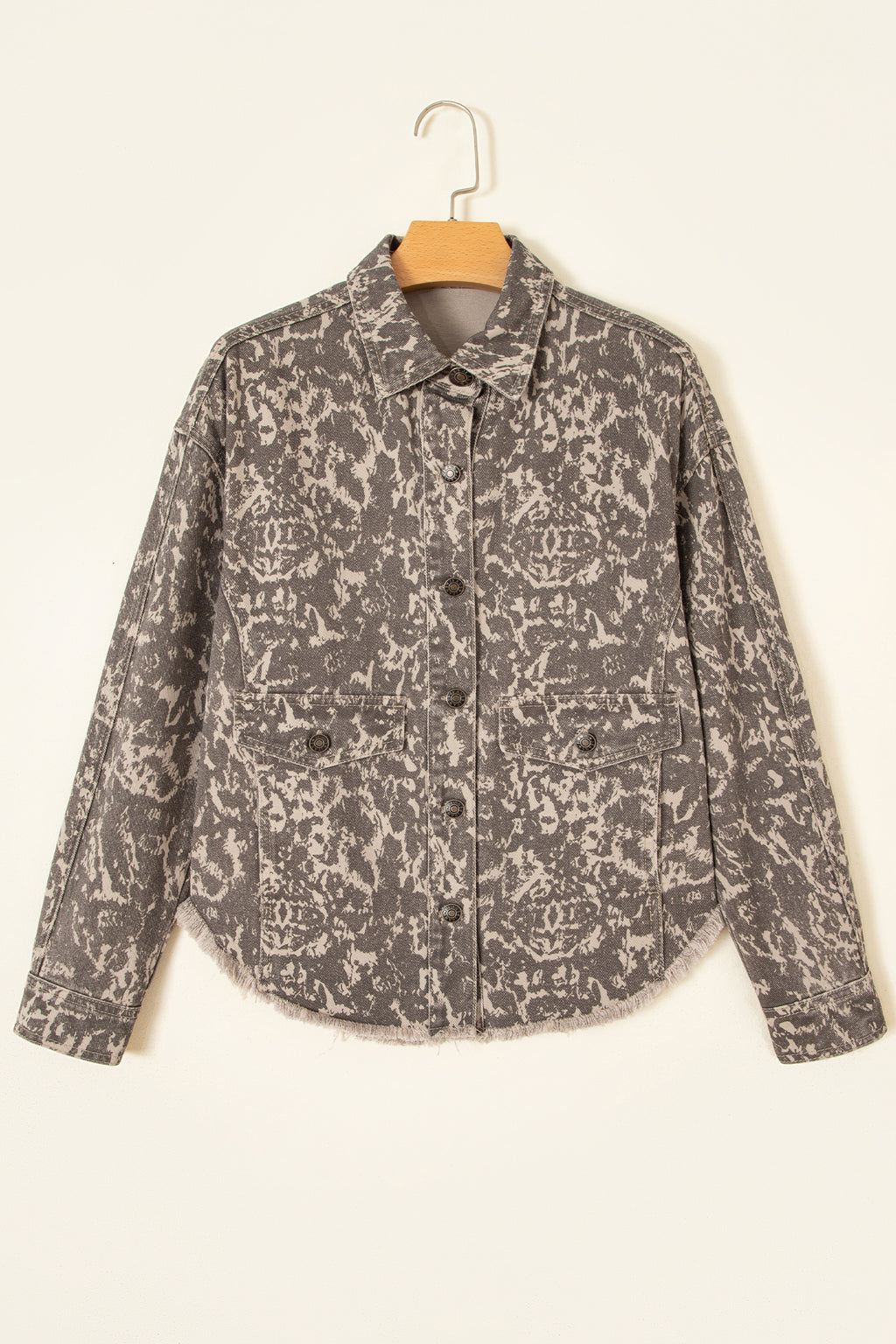 Khaki Print Long Sleeve Collar Denim Jacket