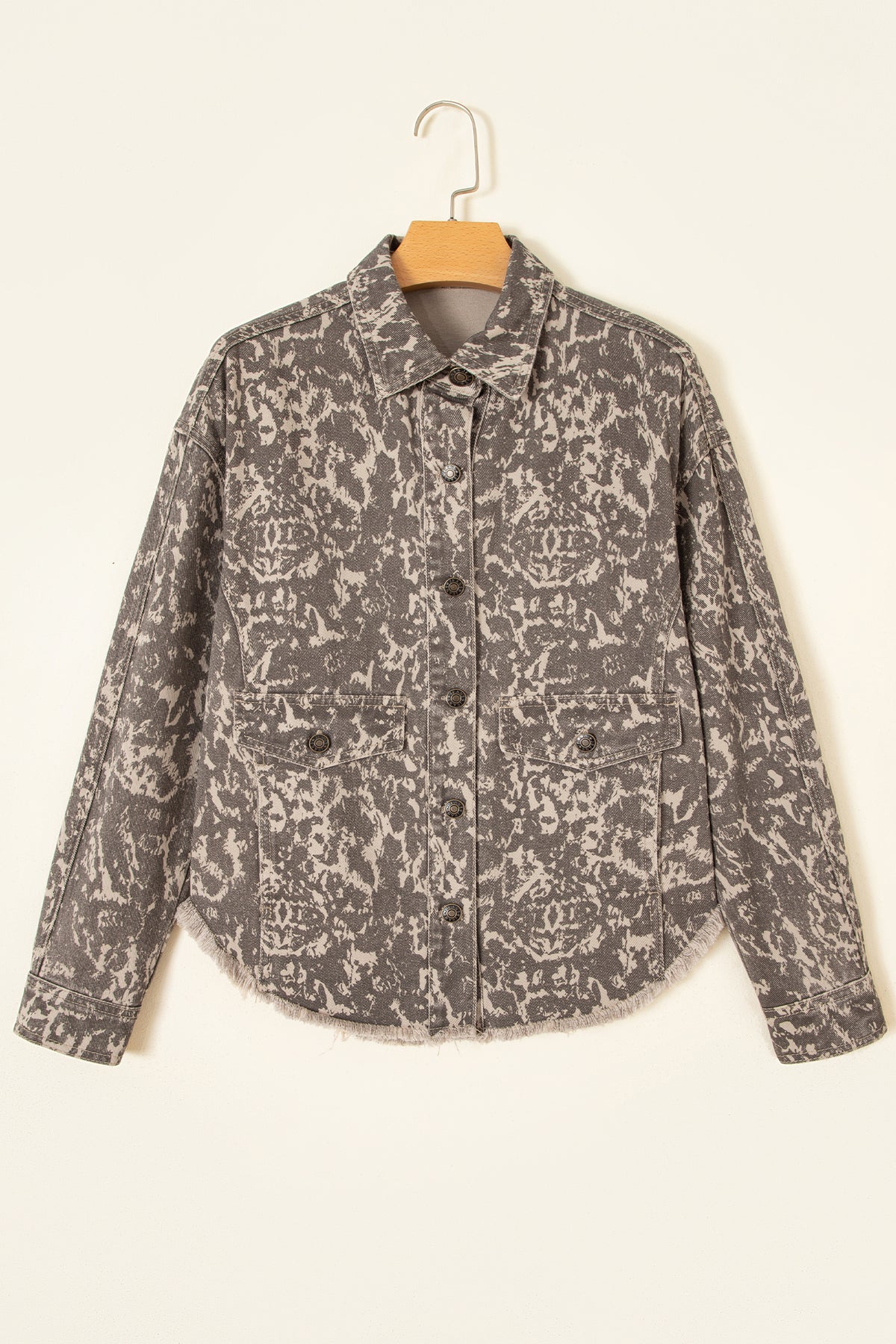 Khaki Print Long Sleeve Collar Denim Jacket